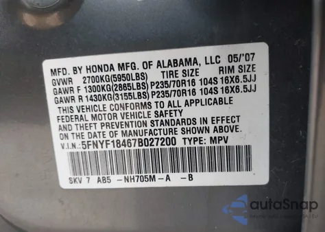 2007 Honda Pilot Ex z USA, uszkodzony, nr VIN 5FNYF18467B027200